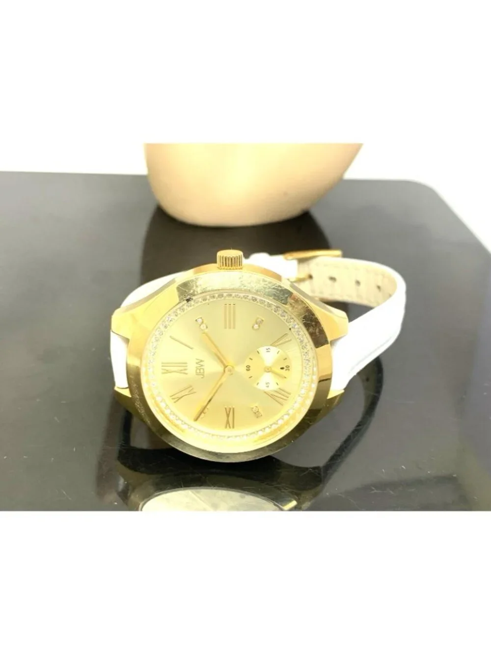 JBW Women's Watch J6309 Aria Quartz Gold Dial White Leather Strap 40mm